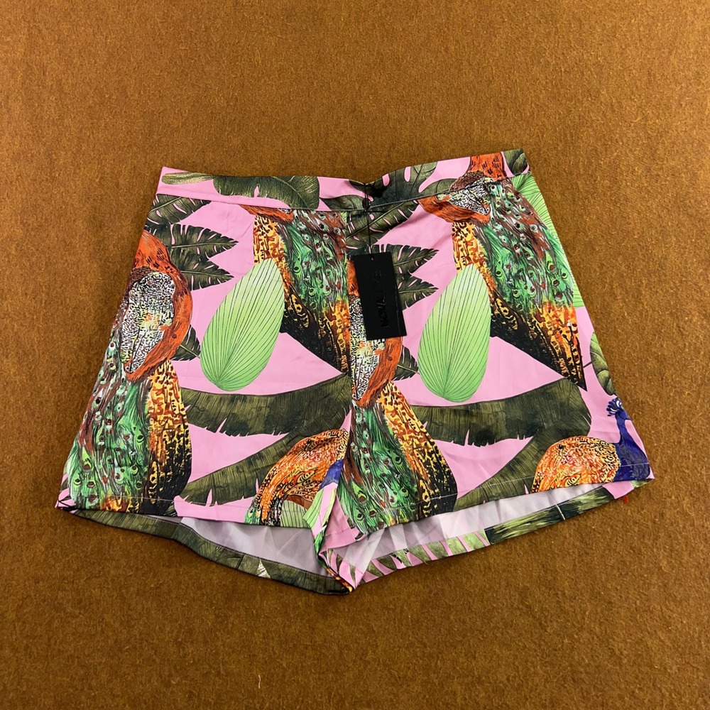 Fashion Nova Womens 2X Pink Private Island Tropical Peacock Satin Shorts NWT